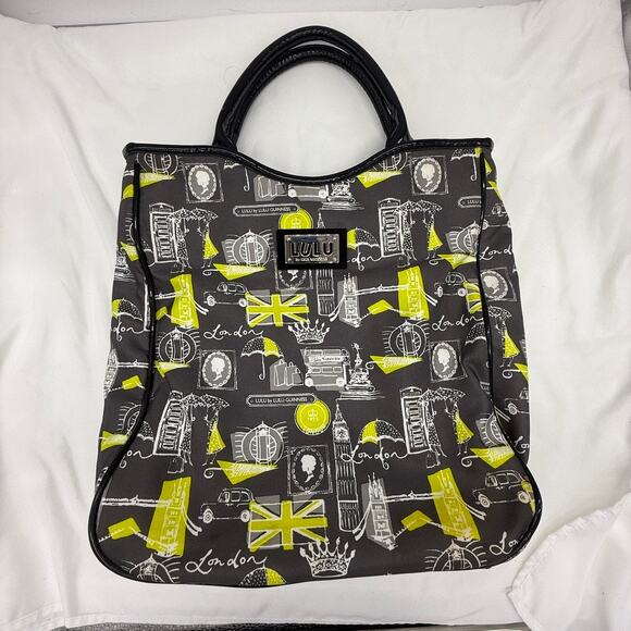 Lulu by Lulu Guinness London Print Tote Bag w/ Pouch Matching Black Yellow White - Picture 2 of 16